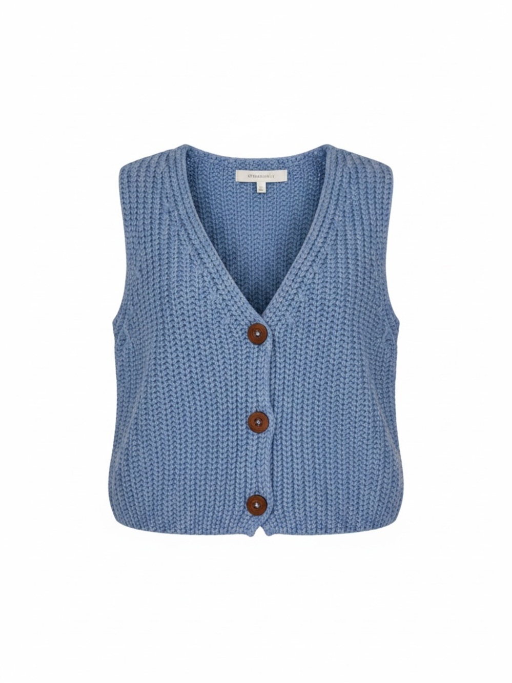 Blue Knit V-Neck Vest with Brown Buttons